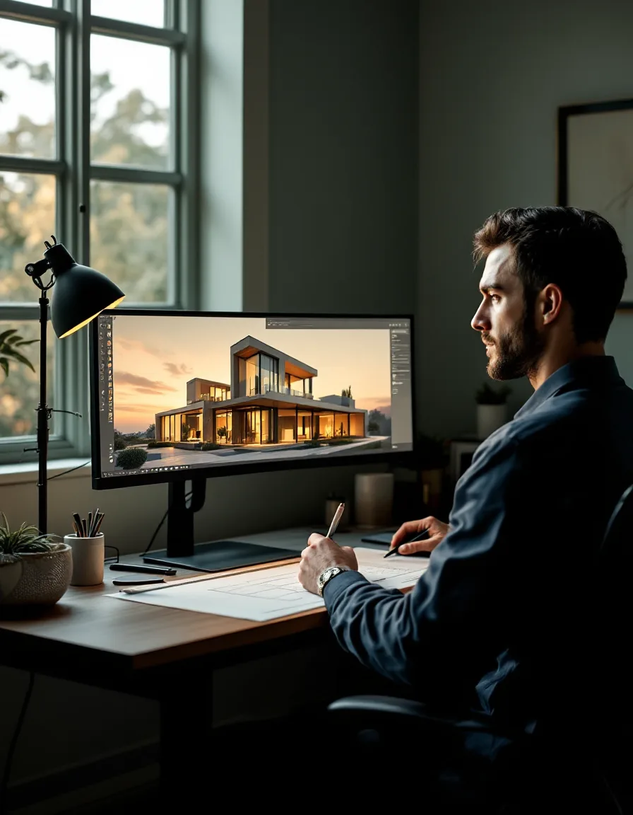 A visualization artist reviewing a photoreal render next to a printed drawing set in the Kettle & Rule studio