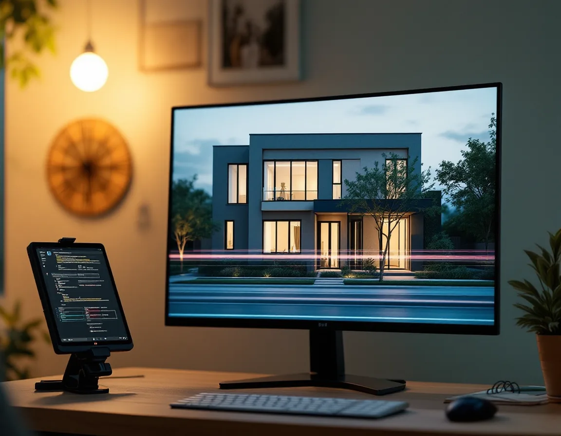 Detail of a photoreal dusk exterior render showing accurate shadows and matched facade materials